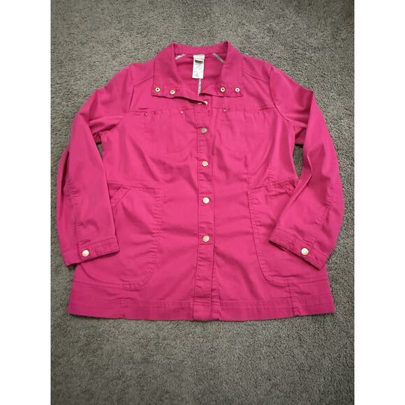 Chicos Twill Luxe Utility Jacket Size 2 Fuschia Pink Gold Snaps Pockets Stretch - Picture 1 of 9